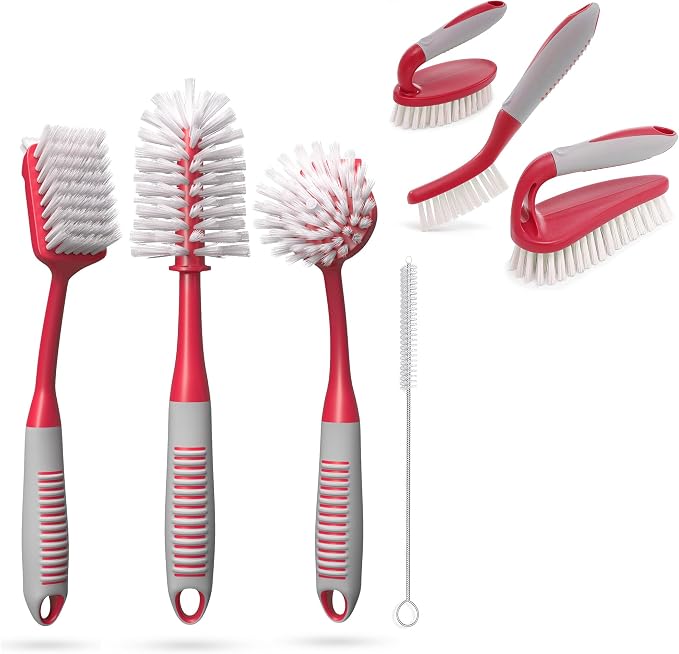Dish Brush Set of 4 with Bottle Water Brush, Dish Scrub Brush, Scrubber Brush and Straw Brush + Scrub Brushes Set of 3 for Cleaning Bathroom, Shower, Tile, Kitchen, Floor, Bathtub.