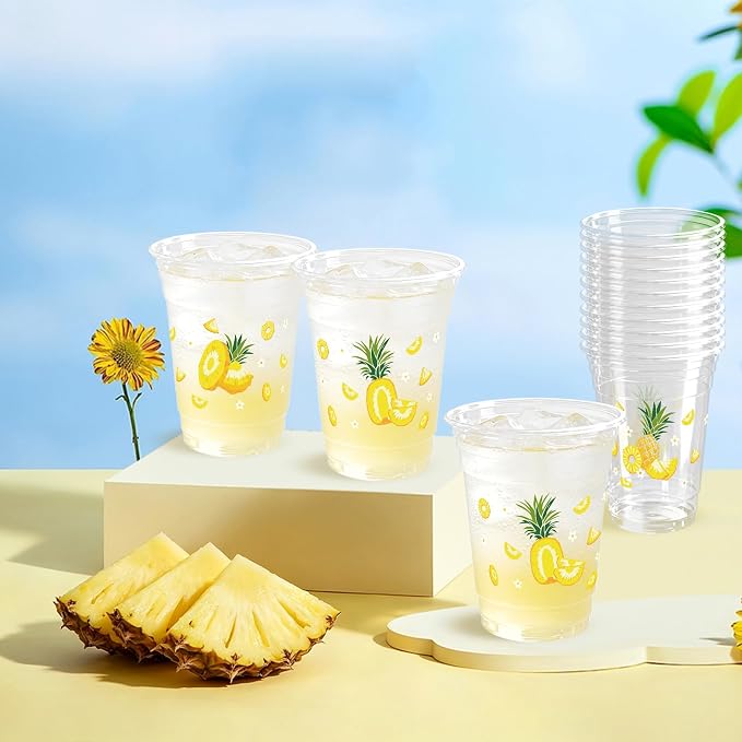 100 Pack Pineapple Plastic Cups 12 oz Pink Yellow Fruit Disposable Cup Clear Pineapple Summer Spring Party Favor Drinking Cold Beverage Cup for Tropical Party Supplies