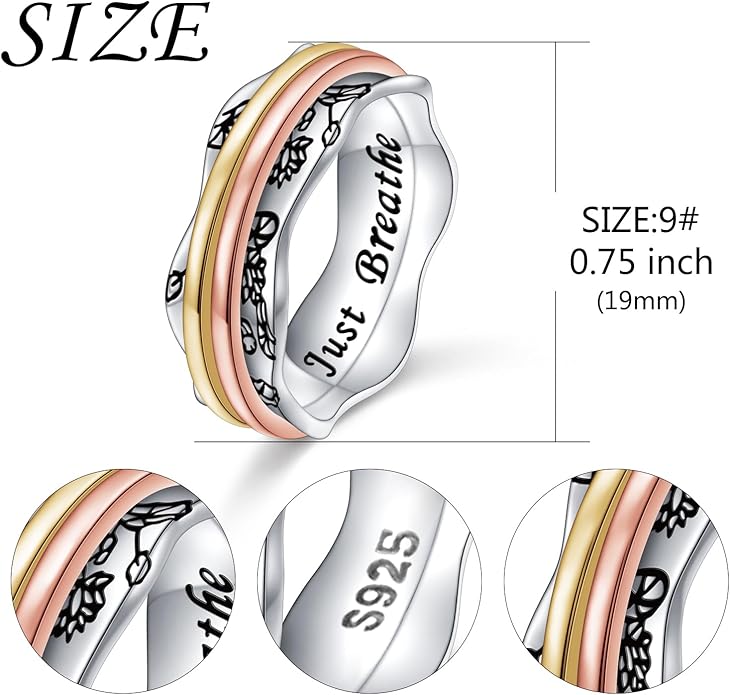 Ladytree Spinner Fidget Anxiety Ring,925 Sterling Silver Stress Relief Worry Ring,Platinum Plated ADHD Autism Jewelry,Birthday Mom Gift for Women