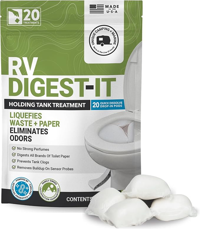 Unique RV Digest-It RV Toilet Treatment, Drop-In Pod - Convenient, Dissolvable, Mess-Free - Eliminates Odors and Liquifies Waste (20 Pods) Amazon Exclusive Packaging
