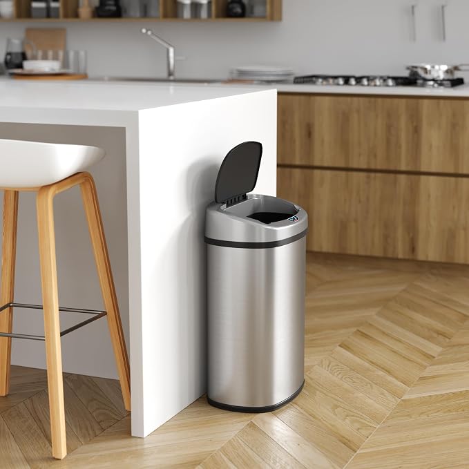 SensorCan 13 Gallon Automatic Touchless Sensor Kitchen Trash Can with Odor Filter and AC Adapter, Stainless Steel Garbage Recycle Bin, Oval Shape, Slim and Space Saving for Home, Office, Business