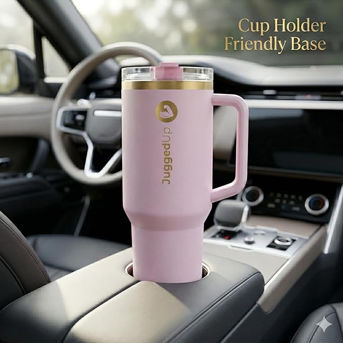 40oz Insulated Stainless Steel Tumbler with Handle & Flip Straw Lid – Leak-Proof Travel Mug, Cup Holder Compatible, BPA-Free – Blush Gold