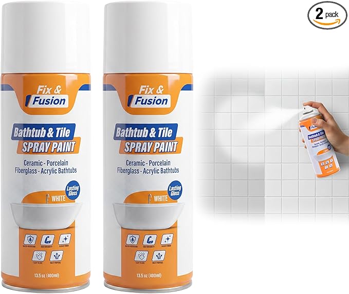 Fix & Fusion Bathtub & Tile Spray Paint, Multi-Surface Coating for Bathroom & Kitchen, High Adhesion, Water-Resistant, for Porcelain, Ceramic, Fiberglass, Countertops & More, White 13.5 oz (Pack of 2)