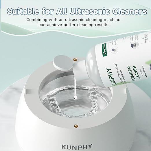 KUNPHY Ultrasonic Retainer Cleaner Solution Concentrate-Professional Cleaning of Retainers, Denture, Invisible Aligners, Mouth Guards, Night Guards, Remove Odors, Discoloration & Stains 1.8 oz(Mint)