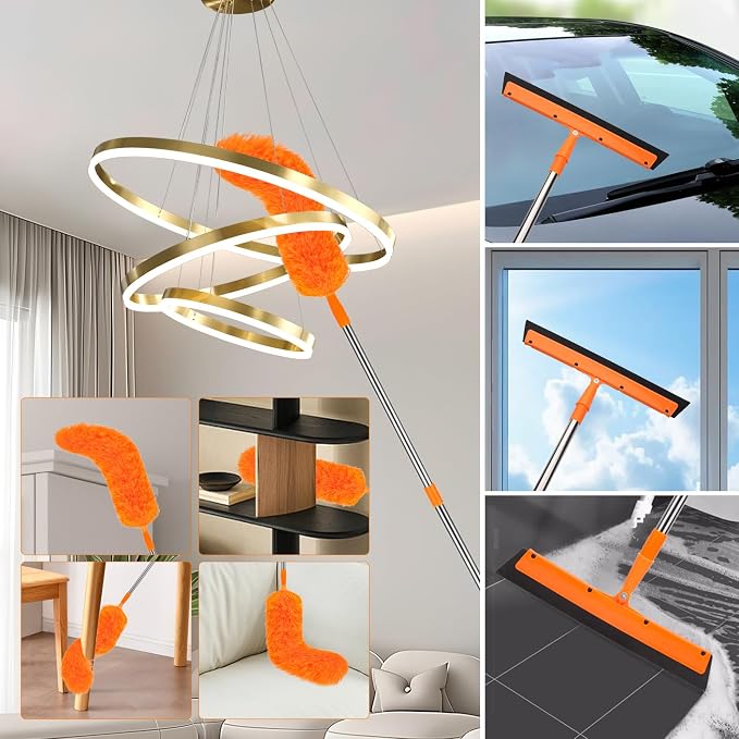 Cobweb Duster Kit and Window Squeegee Cleaner Tool with Extension Pole: 165 Inch 4-in-1 High Ceiling Dusting and Window Cleaning Kit - Cobweb Duster and Feather Duster
