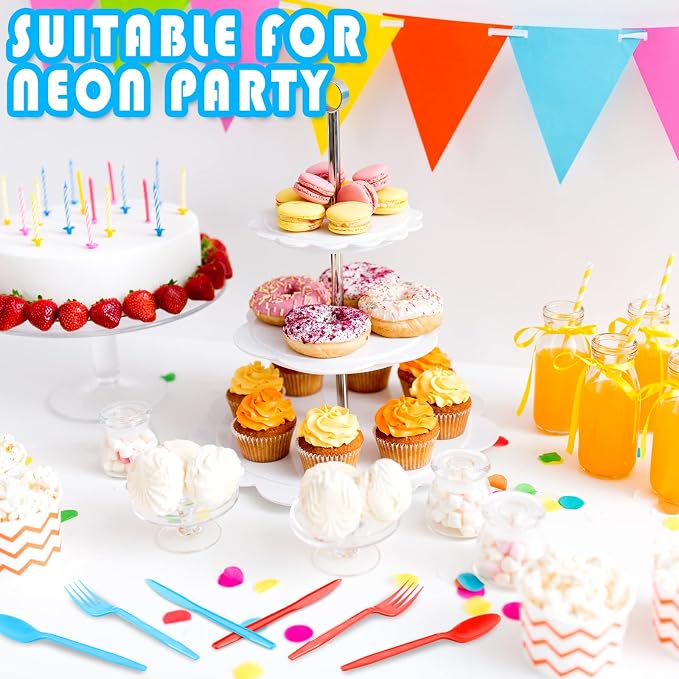 Hoolerry 180 Pcs Disposable Colorful Plastic Silverware Set Neon Party Rainbow Plastic Cutlery Utensils Bulk Includes Forks Spoons Knives for Parties Wedding Supplies Favors, 6 Colors