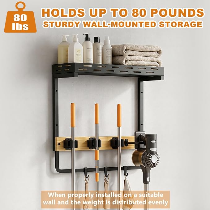 Broom Holder Wall Mount with Shelf, Small Mop Tool Organizer | 3 grippers, 3 hooks, vacuum slot, bamboo board, spray bottle tray, garage utility use