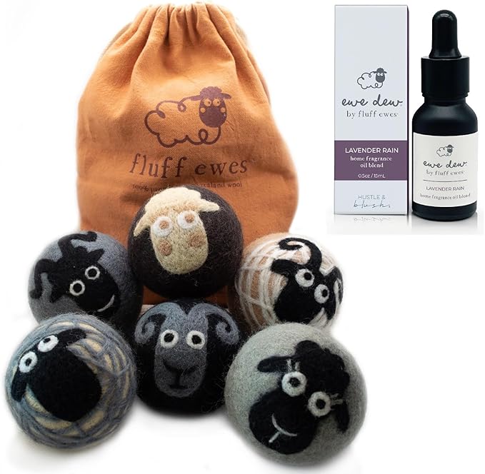 Fluff Ewes Premium Handmade New Zealand Reusable Wool Dryer Balls for Laundry + Ewe Dew Home Fragrance Aromatherapy Dryer Ball Essential Oil Blend, 2 Pack, Classic + Lavender 0.5oz