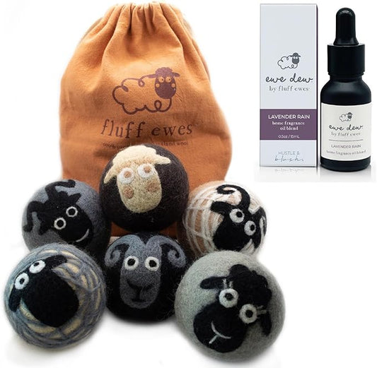Fluff Ewes Premium Handmade New Zealand Reusable Wool Dryer Balls for Laundry + Ewe Dew Home Fragrance Aromatherapy Dryer Ball Essential Oil Blend, 2 Pack, Classic + Lavender 0.5oz