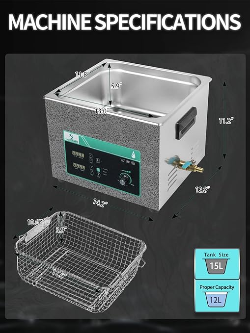 Ultrasonic Cleaner 15L, Sweep Function, 360W Power Adjustable Ultrasonic Parts Cleaner for Cleaning Carburetor, Metal Engine Parts, Gun, Oil Filter, Bike Chain, Gear, Eyewear, Watch, Jewelry