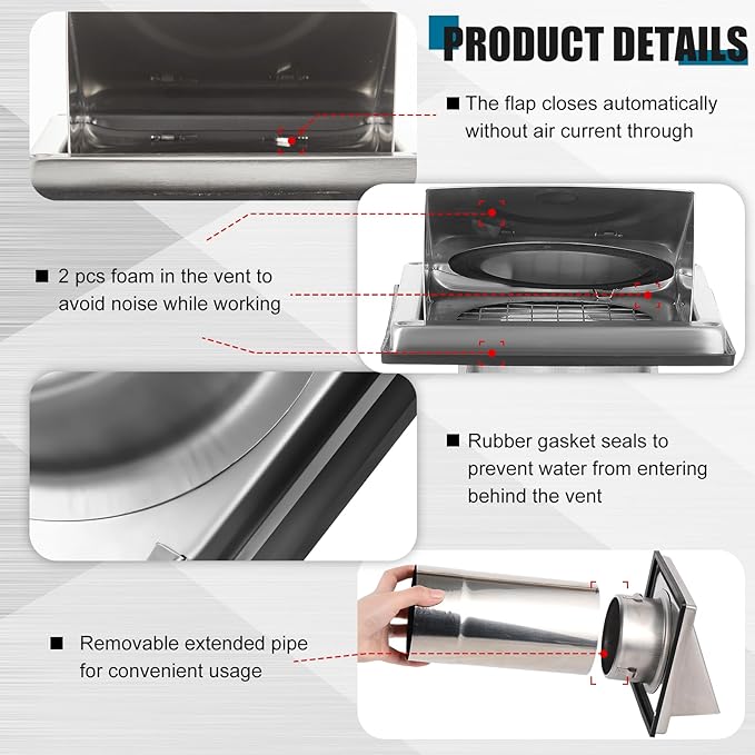 Gisafai 4" Dryer Vent Cover Outside with Stainless Steel Guard Outdoor Wall Dryer Exhaust Vent Cap with Removable Extension Pipe, Non-return Flap and Sealing Gasket Grille Screen