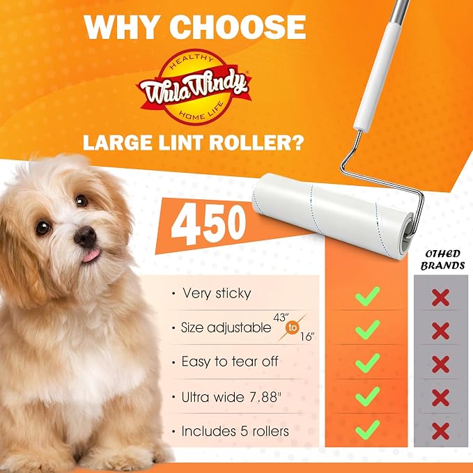 WilaWindy Long Handle Pet Hair Lint Roller, 450 Sheets, 5 Rolls