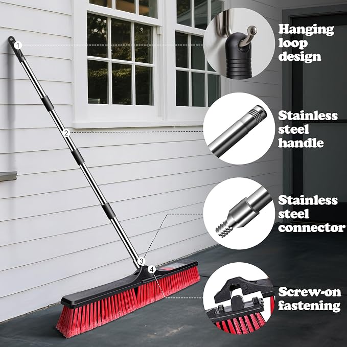 MASTERTOP 24" Push Broom Outdoor, Heavy Duty Garden Brush Broom with 58" Long Handle and Stiff Bristles,Commercial Outdoor Broom for Deck Driveway Garage Yard Patio Warehouse Concrete Floor Cleaning