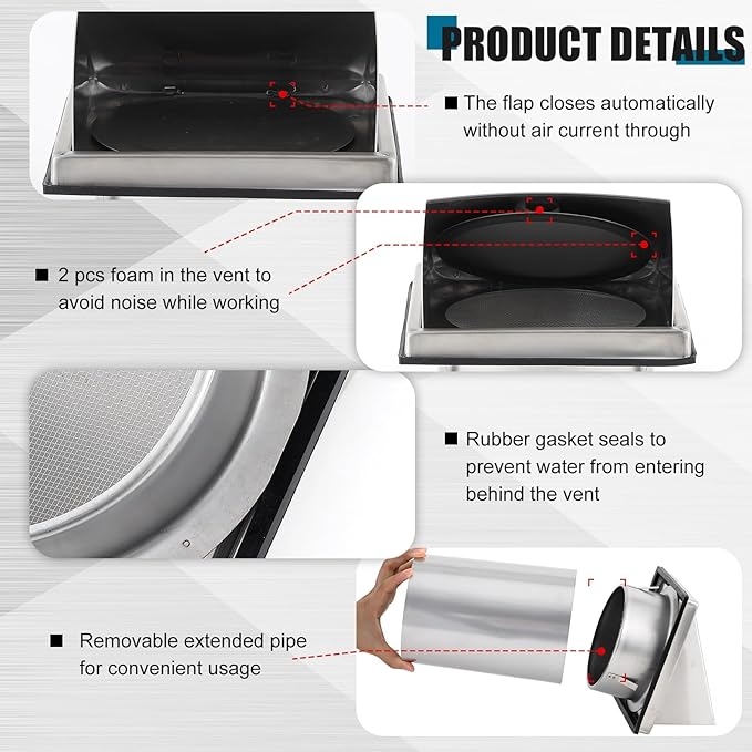 Gisafai 6" Dryer Vent Cover Outside with Stainless Steel Guard Wall Dryer Exhaust Cap and Removable Extended Pipe Vent Shroud Hood Cushioned Non Return Flap with Sealing Gasket Grille(Silver)