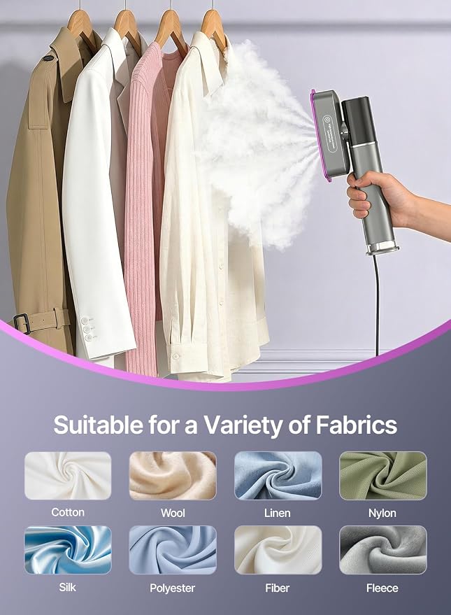 Steamer for Clothes, 1200W Clothes Steamer Handheld, 2 in 1 Travel Steamer Iron with LED Display, 15s Fast Heat Up, 4 Modes, 25g/min Steam, Portable Garment Steamer, 120V, Black Purple
