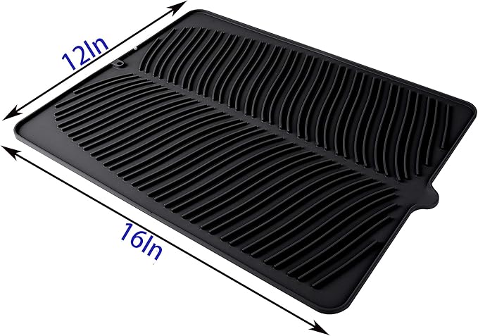100% Waterproof BPA Free Silicone Dish Drying Mat - 24" x 18" x 0.3" Large Drainer Mat Protection Heat Resistant Trivet Counter Top Mat Sink Non Slip Dish Draining Mat Dish Washer (S, Black)
