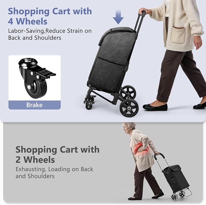 KEDSUM 3 in 1 Shopping Cart with Wheels, 60L/250LBS Multi Use Grocery Cart with 7" Big Wheels & Removable Waterproof Bag, Personal Shopping Carts for Groceries, Telescoping Handle & Thickened Steel