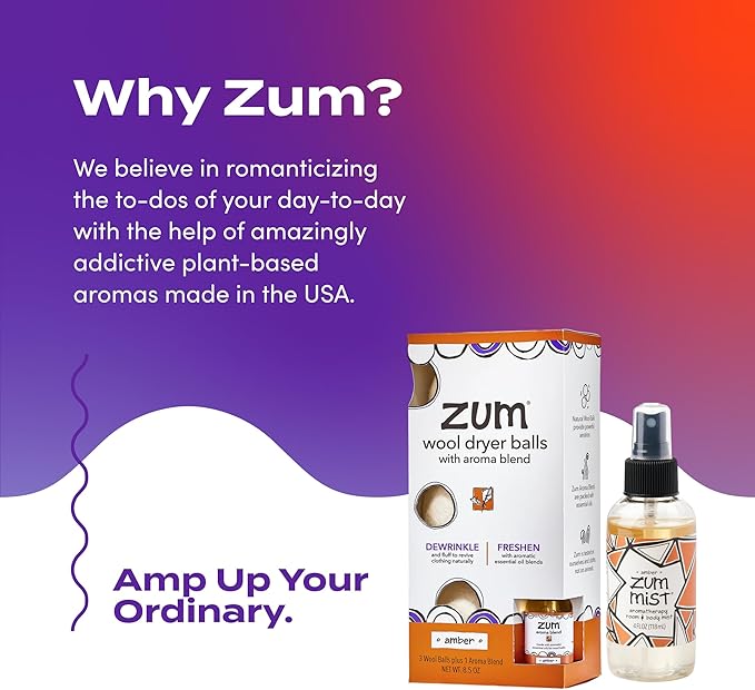 Zum Wool Dryer Balls Kit Plus Zum Mist - 3 Wool Balls with Essential Oil Blend & Room & Body Mist - Amber