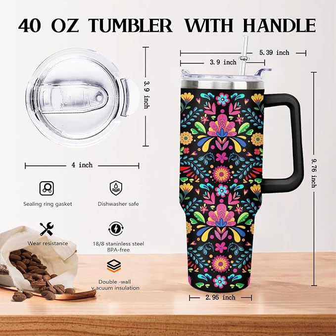 Ceovfoi 40 oz Mexican Flower Tumbler with Handle Lid and Straw, Stainless Steel Insulated Coffee Mug Cup, Mexican Stuff Supplies Accessories Gifts for Women