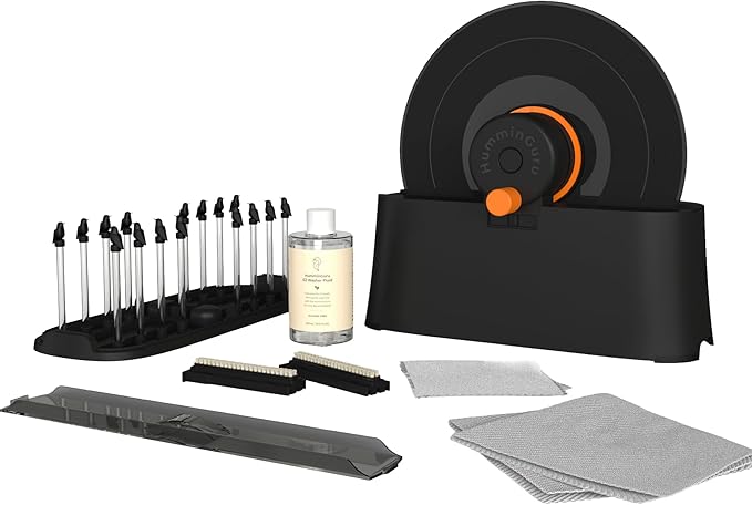 HumminGuru EZ Record Washer, Manual Vinyl Record Cleaner Machine with Easy Spin & Watertight Label Clamp, Record Cleaning Kit with Gentle Goat-Hair Brushes, Alcohol-Free LP Fluid, Drying Rack & Cloth