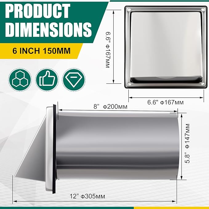 6 Inch Exterior Wall Vent Cover, 304 Stainless Steel Vent Hood with Non Return Flap, Bird Guard Mesh & Sealing Gasket, Outdoor Wall Dryer Exhaust Cover with Extension Tube