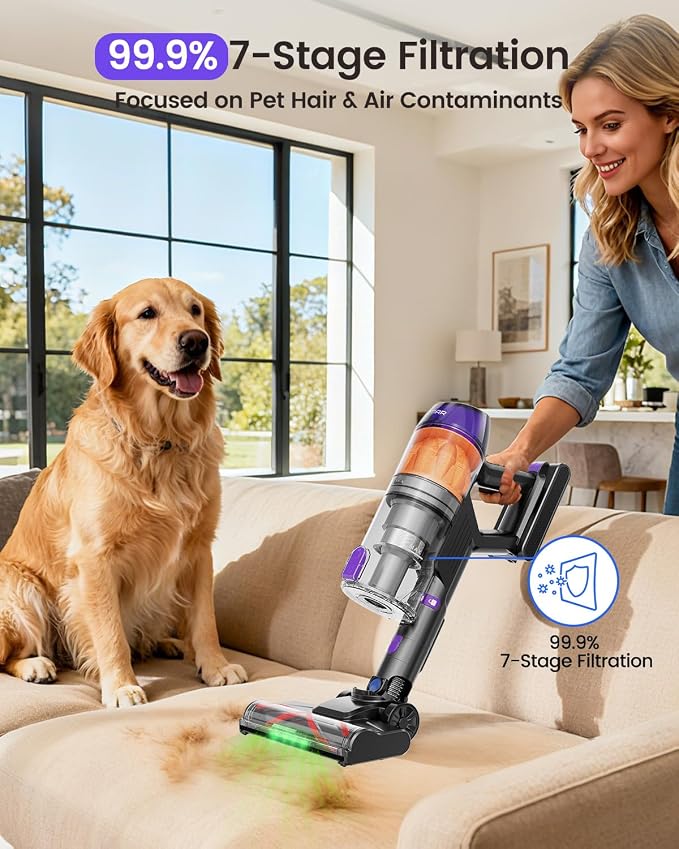 Cordless Vacuum Cleaner, 500W Vacuum Cleaners for Home Pet Hair, 60Mins Cordless Stick Vacuums with LED Display, Anti-Tangle, Lightweight Vacuum for Hard Floors, Carpet,Purple