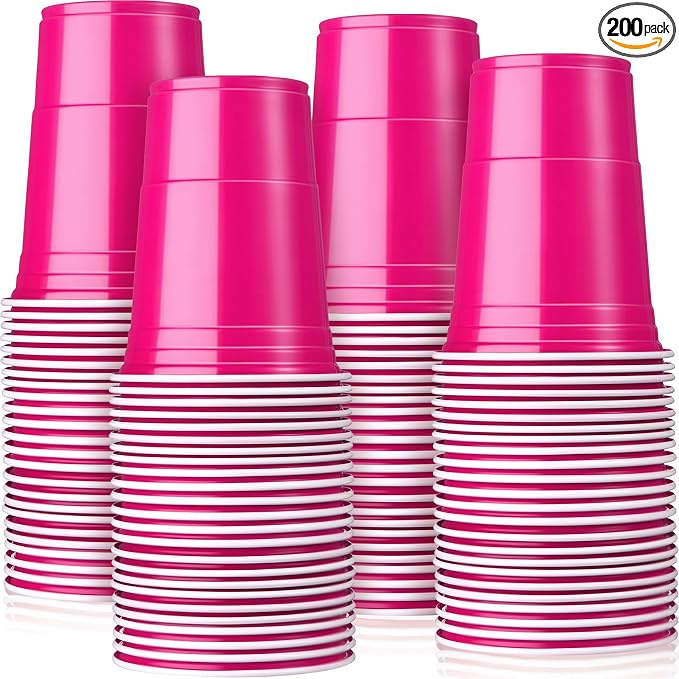 Mimorou Pink 200 Pack Plastic Cups 16 oz Disposable Cups for Party Wedding Halloween Stackable Beverage Drinking Tumbler Heavy Duty for BBQ Birthday Baby Shower