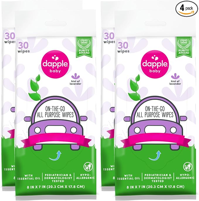 Dapple Baby All Purpose Wipes, Hint of Lavender, Plant Powered, Hypoallergenic, 30 Count (Pack of 4)
