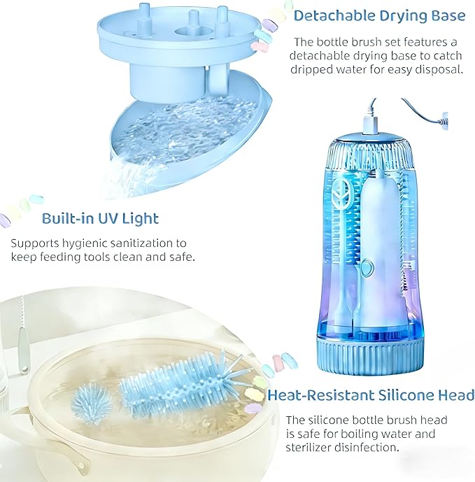 Portable Electric Silicone Bottle Brush Set, 7-in-1 UV Light USB Charging, Nipple/Straw Cleaner, Milk Mixer, Built-in Drying Rack & Storage Case, BPA-Free, IPX7, On-the-Go for New Parents (Sky)