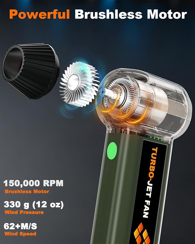 Super Powerful Compressed Air Duster, Rechargeable Duster Blower with LED Light, 4-Gear Adjustable 150000RPM Brushless Motor, Mini Blower for Computer, Keyboard, Outdoor, House and Car (Green)