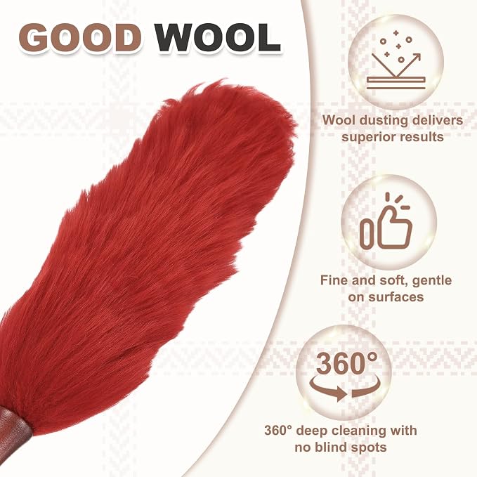 uxcell Wool Duster, 20.5" Natural Feather Cleaner Household Cleaning Duster with Solid Wooden Handle for Cleaning Fans Window Blinds Shelves Furniture, Red