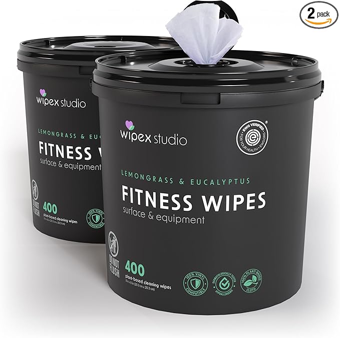 Wipex Gym Plant-Based Wipes, EWG Verified, Natural Surface & Equipment Cleaning with Lemongrass, Eucalyptus & Vinegar for Home or Fitness Studio, Yoga Mats, Peloton Bikes, 400 Count (Pack of 2)