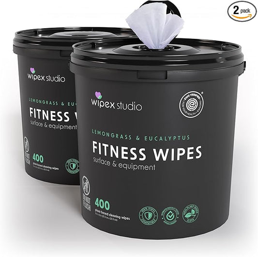 Wipex Gym Plant-Based Wipes, EWG Verified, Natural Surface & Equipment Cleaning with Lemongrass, Eucalyptus & Vinegar for Home or Fitness Studio, Yoga Mats, Peloton Bikes, 400 Count (Pack of 2)