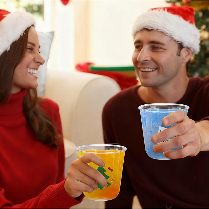 Whaline 60Pcs Christmas Plastic Cups 12 Oz Winter Snowman Gingerbread Man Santa Xmas tree Disposable Clear Stemless Wine Cocktail Glasses PET Drinkware Cups Set for Holiday Party Supplies