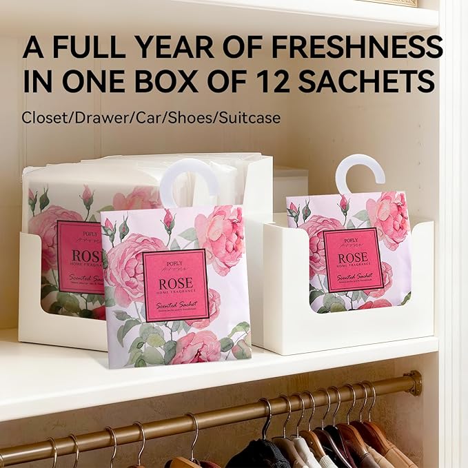 12 Pack Rose Scented Sachets, Long-Lasting Fresh Scent, Air Freshener for Closet & Drawers, Hanging Deodorizer for Home
