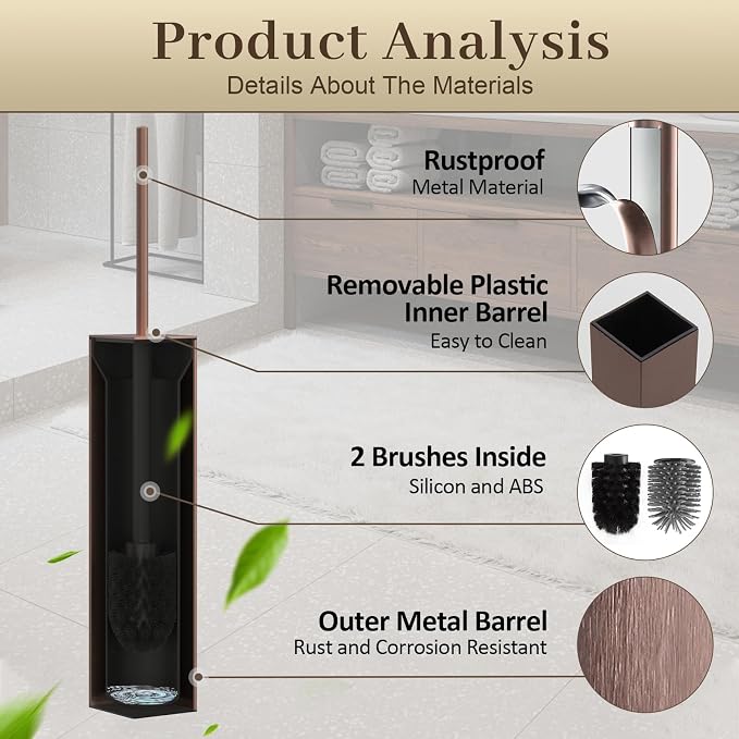 Toilet Brush and Holder Wall Mounted, Brushed Rose Gold Aluminum with 2 Replaceable Heads, Bathroom Toilet Brush, Drill or 3M Adhesive Mount, Removable Liner and Splash Guard, Modern Square Design
