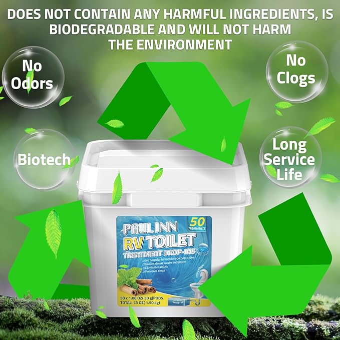 PAULINN RV Toilet Treatment Drop Ins, 50 Packs Septic Tank Treatment Pods Holding Tank Deodorizer for RV Black & Grey Water Tank Camper Marine Boat Camping