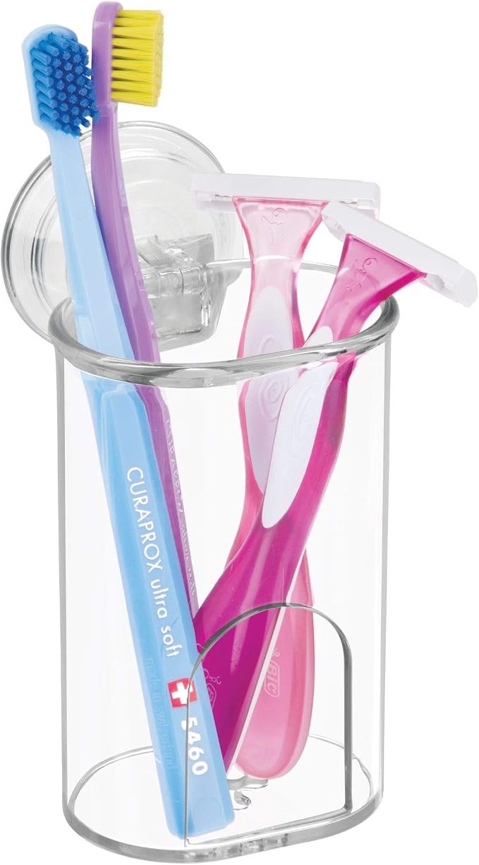 iDesign Plastic Suction Tumbler Cup and Bathroom Organizer for Mirror or Shower Storage – 3" x 3.5" x 4.5", Clear