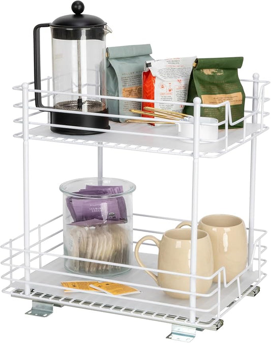 Household Essentials Glidez Steel Pull-Out/Slide-Out Storage Organizer with Plastic Liners for Under Cabinet or Wire Shelf Use - 2 -Tier Design, White