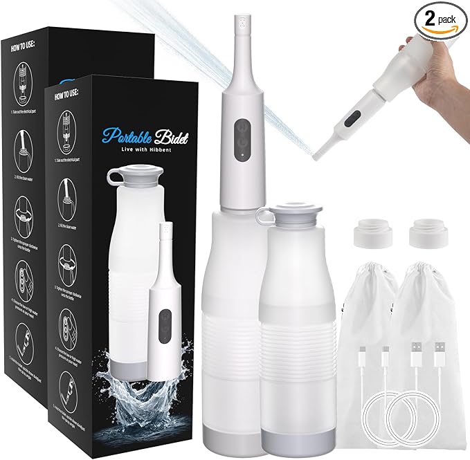 Hibbent 2 Pack Portable Bidet for Travel, High Pressure Electric Handheld Bidet Sprayer, 350-550ML Expandable Bottle for Personal Hygiene, USB-C Rechargeable Waterproof Sprayer for Women & Men, White