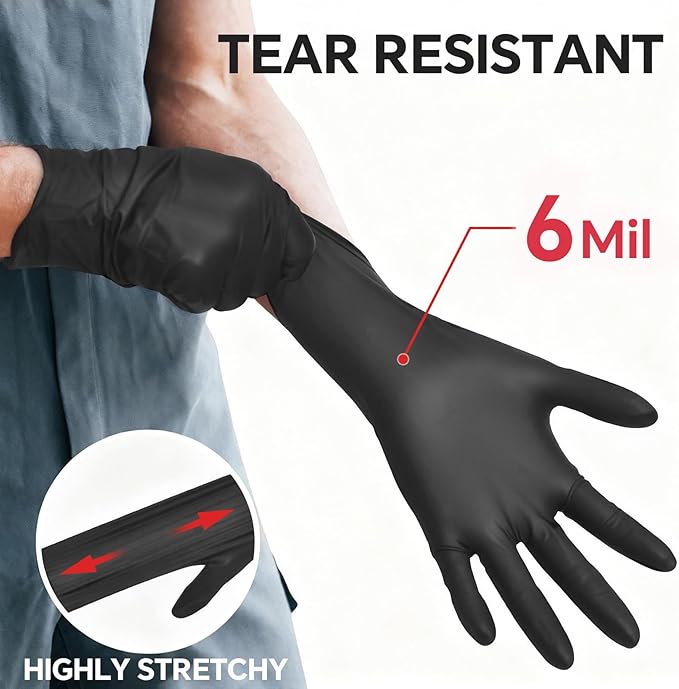 GTT Black Nitrile Exam Gloves 6 Mil, Powder-Free Disposable Gloves, First Aid,Cleaning Food Prep, Tattoo,Cooking,Mechanical