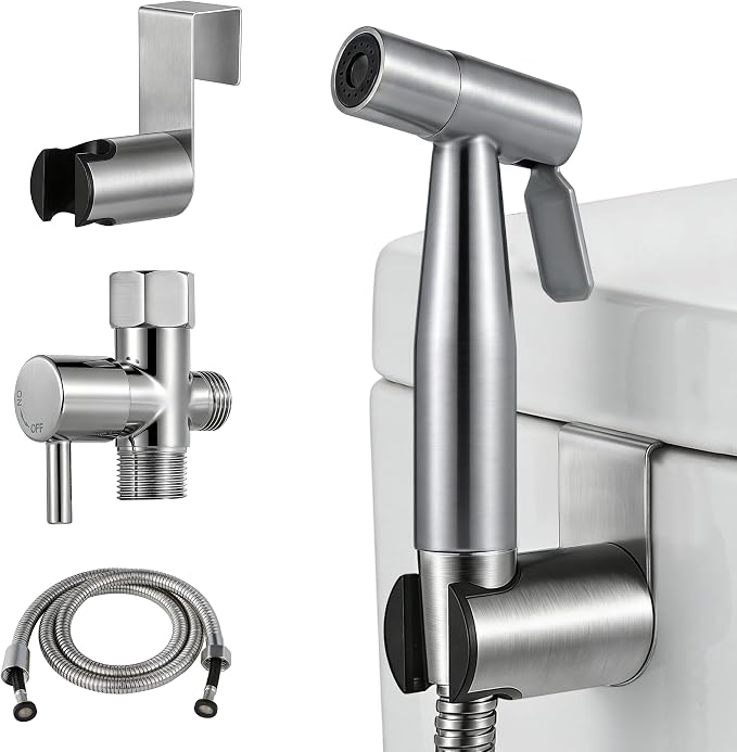 Brushed Nickel Handheld Bidet Sprayer for Toilet, Toilet Sprayer Bidet with Solid Brass T-Valve & Stainless Steel Hose, Adjustable Pressure Diaper Sprayer Kit for Bathroom & Baby Diaper