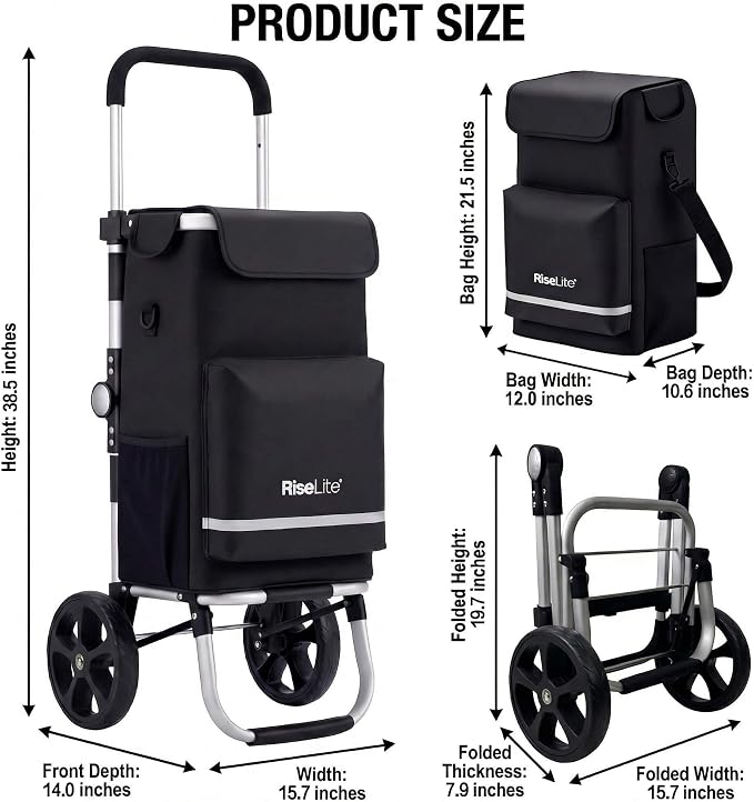 Foldable Shopping Cart with Wheels - Portable Grocery Cart on Wheels, Lightweight & Durable Cart for Groceries with Insulated Cooler, Adjustable Handle, 110 Lbs