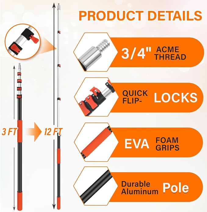 20FT High Reach Duster with Extension Pole 3-12FT, 4-in-1 Cleaning Kit with Universal Swivel Joint, High Ceiling Fan Cleaner Duster, Cobweb Duster, Microfiber Feather Duster and Window Squeegee