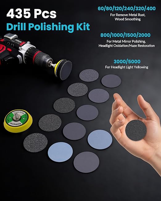 435 PCS 2 Inch Wet Dry Sanding Discs, Drill Polishing Kit with 60 to 5000 Grit Hook and Loop Sandpaper Assortment for Dremel Drill, Headlight Restoration Kit with Buffing Pad for Auto Wood Metal Resin
