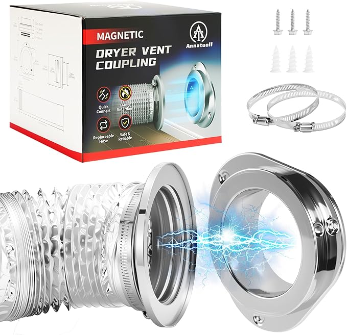 DV180 Magnetic Dryer Vent Kit, Airtight Seal Magntic Drver Vent Connector Kit, Including 6-Ply Aluminum Foil Duct and 2 Clamps, Easy to Clean Quick Connector