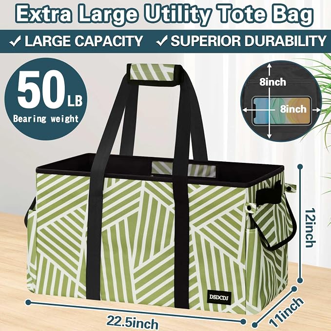 Standing Extra Large Utility Tote Bag with Hard Bottom & Hard Sides, Heavy Duty Reusable Grocery Bags with Handles & 3 Pockets for Shopping, Picnics, Camping, Laundry, Car, Beach Tote Bag