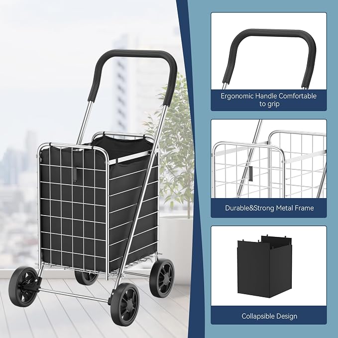 Whitmor Foldable Utility Shopping Cart with Wheels, 60Lb Capacity, Heavy Duty Grocery Cart with Steel Frame, Foam Handle, Rolling Utility Cart for Grocery, Laundry, Travel, Sliver/w Liner