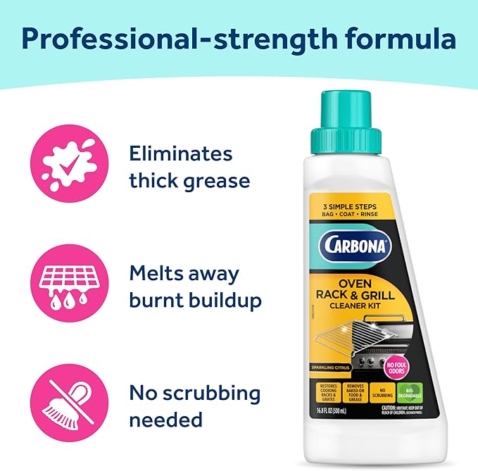 Carbona Oven Rack & Grill Cleaner Kit, Includes Bag & Gloves, Eliminates Thick Grease, Grime & Baked-On Food, Unscented Formula