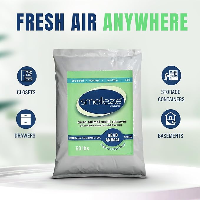 SMELLEZE Dead Animal Odor Eliminator - Strong Odor Removal - Natural & Safe Indoor & Outdoor Use - Granules, 50 lbs.